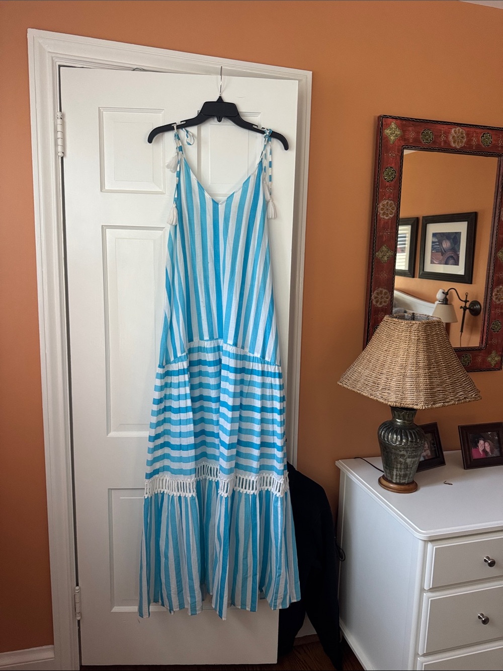 Striped Blue and White Tie-Shoulder Maxi Dress
